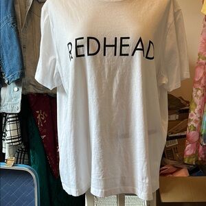 Brunette The Label White Tee with Black 'Redhead' Text